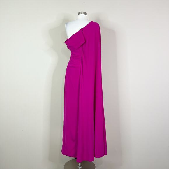 Talbot Runhof | Magenta Pink Cape One Shoulder Long Formal Designer Gown Dress 6 - Picture 6 of 11